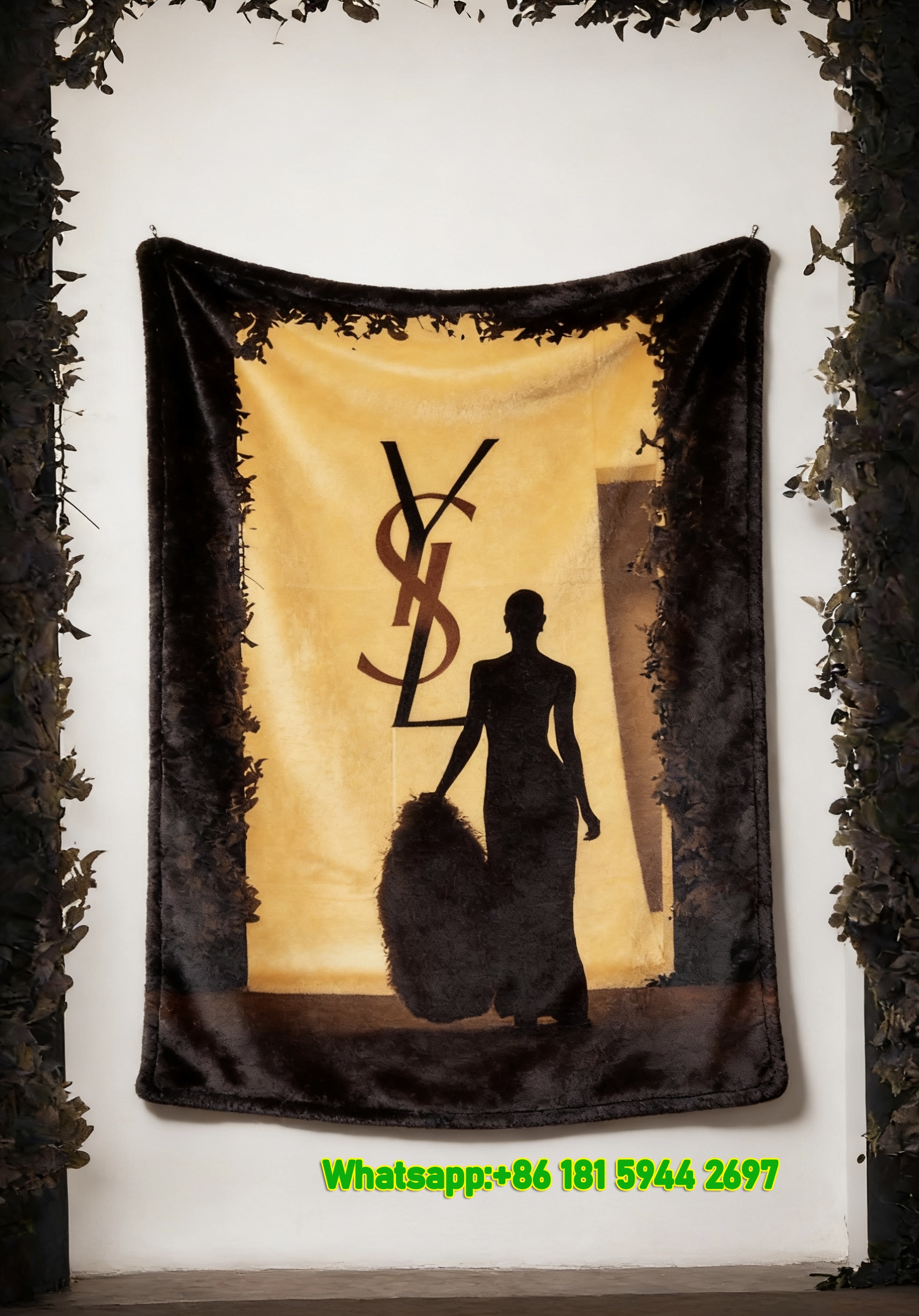 Yves Saint Laurent YSL Warm Beige Runway Silhouette Print Flannel Sofa Throw Blanket Luxury Fashion Show Decor Blanket IMG_3246